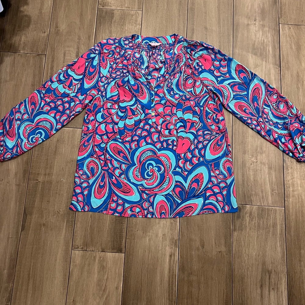Lilly Pulitzer Elsa Silk Top- Pink, Blue print